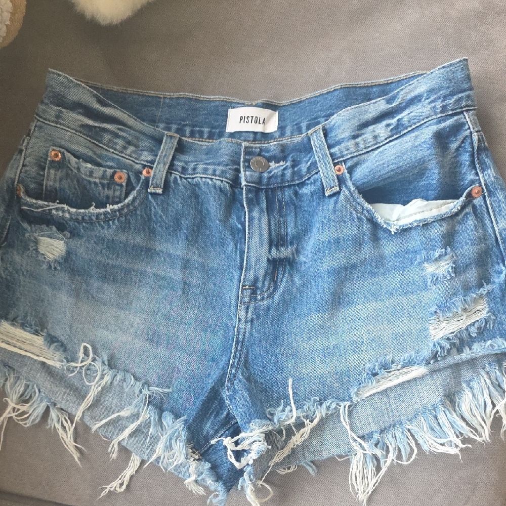 pistola Light Blue Distressed Frayed Hem Denim Shorts